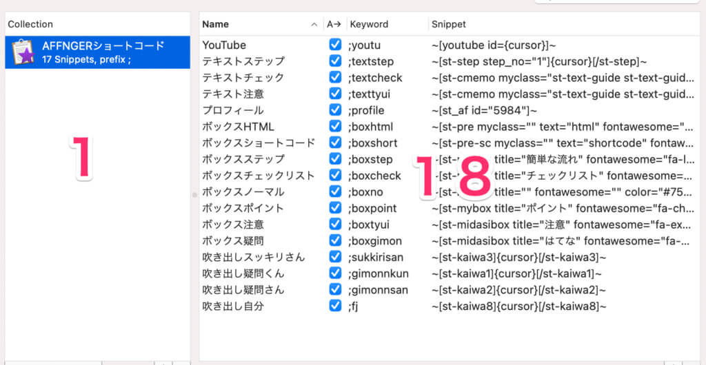 AffixとSnippetsの割合はおおよそ1:20くらい